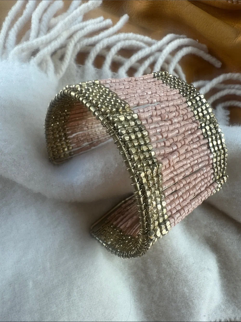 Coastal Cowgirl Mermaid Oversized Handcrafted Pink and Gold Beaded Cuff Bracelet